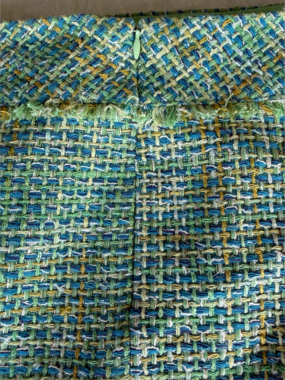 J McLaughlin Tweed A Line Skirt Teal Green Fringe Trim Lined Size 4 - Picture 11 of 12